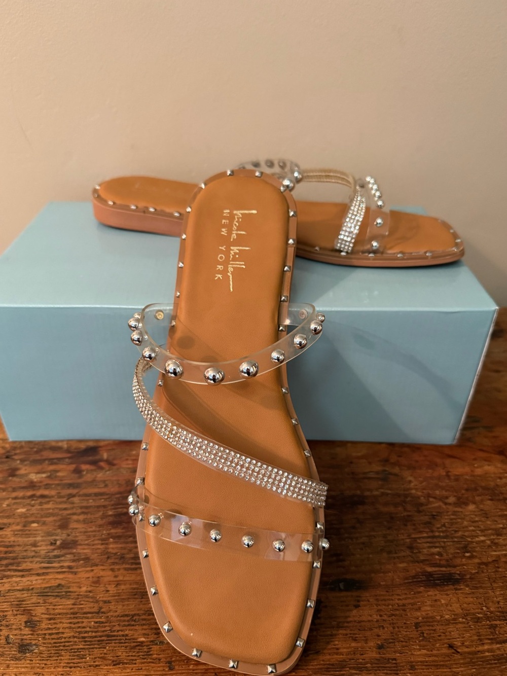 NWOT Nicole Miller Clear Slide Sandals w/Silver Studs, Size 9